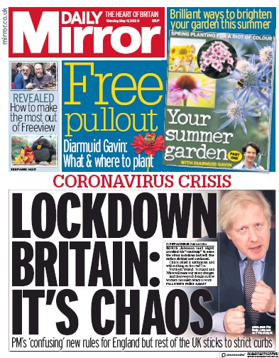 Daily Mirror Newspaper Front Page (UK) for 11 May 2020