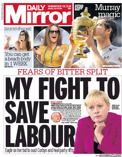 Daily Mirror Newspaper Front Page (UK) for 11 July 2016