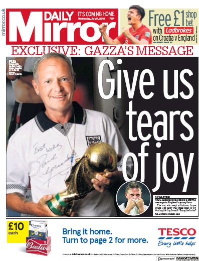 Daily Mirror Newspaper Front Page (UK) for 11 July 2018