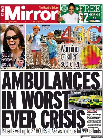 Daily Mirror Newspaper Front Page (UK) for 11 July 2022