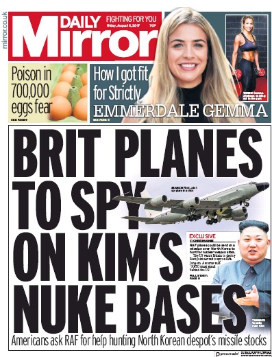 Daily Mirror Newspaper Front Page (UK) for 11 August 2017