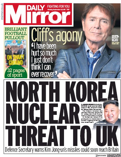 Daily Mirror Newspaper Front Page (UK) for 11 September 2017