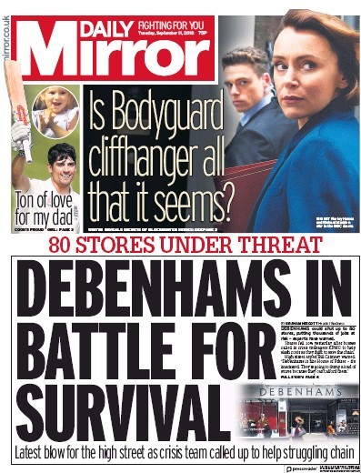 Daily Mirror Newspaper Front Page (UK) for 11 September 2018
