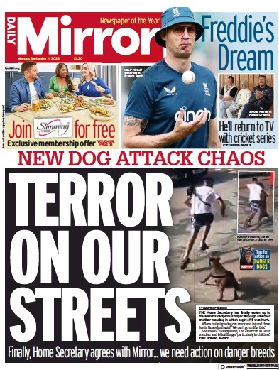 Daily Mirror Newspaper Front Page (UK) for 11 September 2023