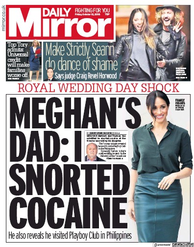 Daily Mirror Newspaper Front Page (UK) for 12 October 2018