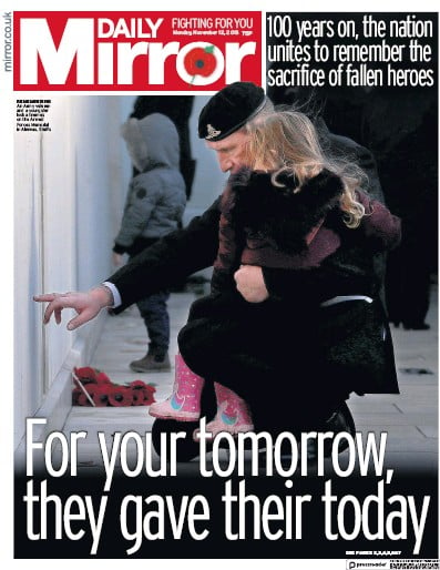 Daily Mirror Newspaper Front Page (UK) for 12 November 2018