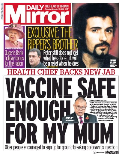 Daily Mirror Newspaper Front Page (UK) for 12 November 2020