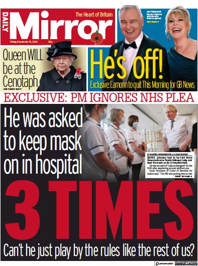 Daily Mirror Newspaper Front Page (UK) for 12 November 2021