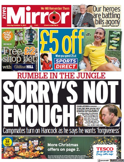 Daily Mirror Newspaper Front Page (UK) for 12 November 2022