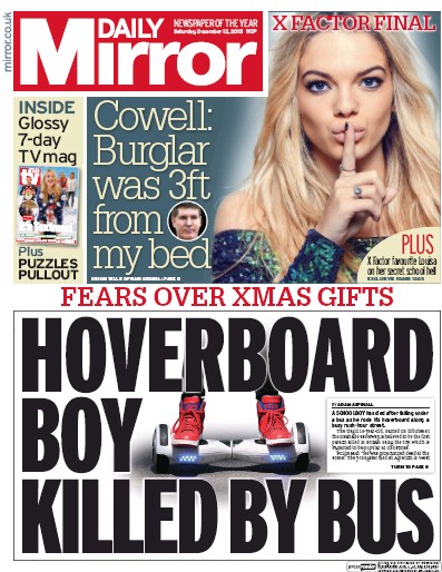 Daily Mirror Newspaper Front Page (UK) for 12 December 2015