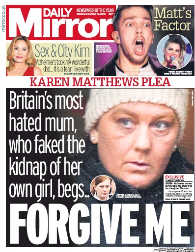 Daily Mirror Newspaper Front Page (UK) for 12 December 2016