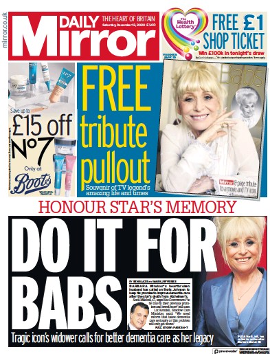 Daily Mirror Newspaper Front Page (UK) for 12 December 2020
