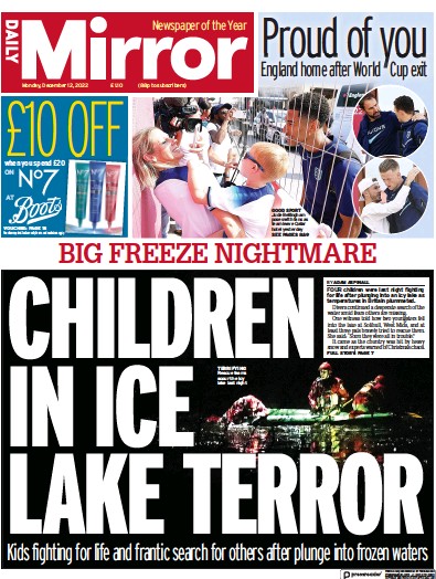 Daily Mirror Newspaper Front Page (UK) for 12 December 2022