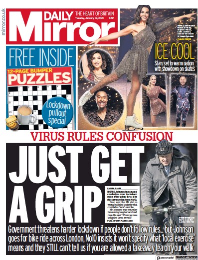 Daily Mirror Newspaper Front Page (UK) for 12 January 2021