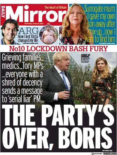 Daily Mirror Newspaper Front Page (UK) for 12 January 2022