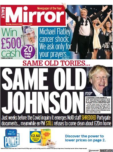 Daily Mirror Newspaper Front Page (UK) for 12 January 2023