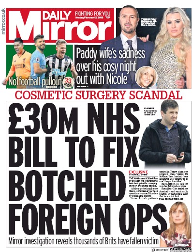 Daily Mirror Newspaper Front Page (UK) for 12 February 2018