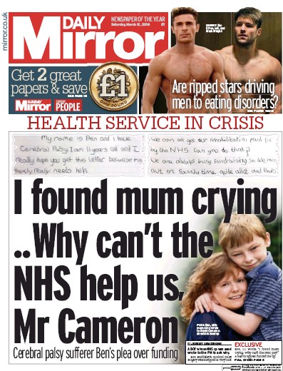 Daily Mirror Newspaper Front Page (UK) for 12 March 2016