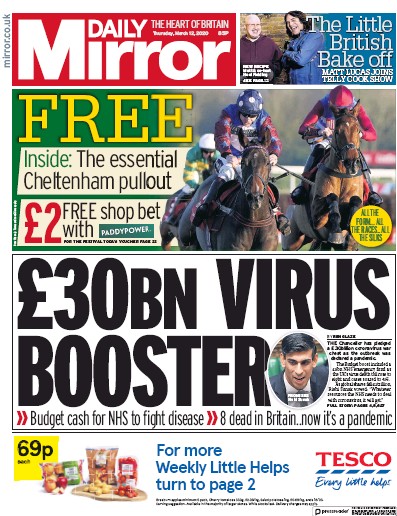 Daily Mirror Newspaper Front Page (UK) for 12 March 2020
