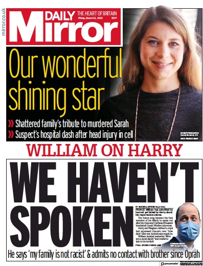 Daily Mirror Newspaper Front Page (UK) for 12 March 2021