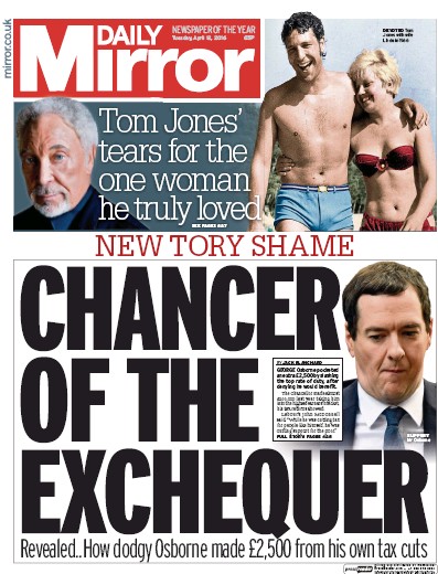 Daily Mirror Newspaper Front Page (UK) for 12 April 2016
