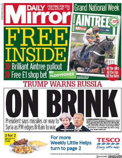 Daily Mirror Newspaper Front Page (UK) for 12 April 2018