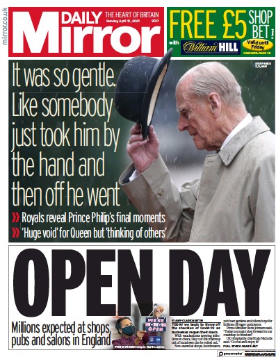 Daily Mirror Newspaper Front Page (UK) for 12 April 2021