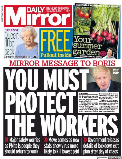 Daily Mirror Newspaper Front Page (UK) for 12 May 2020