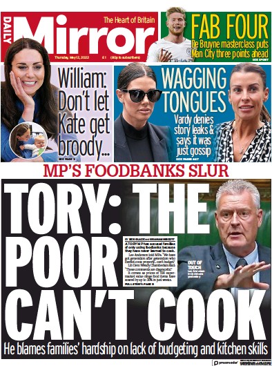 Daily Mirror Newspaper Front Page (UK) for 12 May 2022