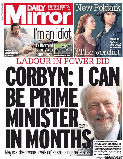Daily Mirror Newspaper Front Page (UK) for 12 June 2017