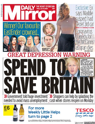 Daily Mirror Newspaper Front Page (UK) for 12 June 2020