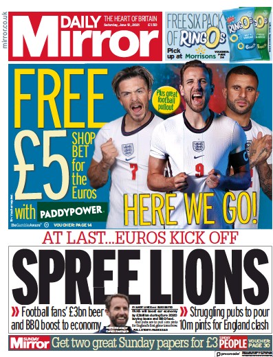 Daily Mirror Newspaper Front Page (UK) for 12 June 2021