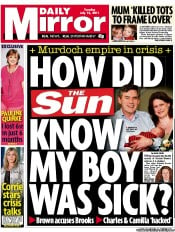 Daily Mirror (UK) Newspaper Front Page for 12 July 2011