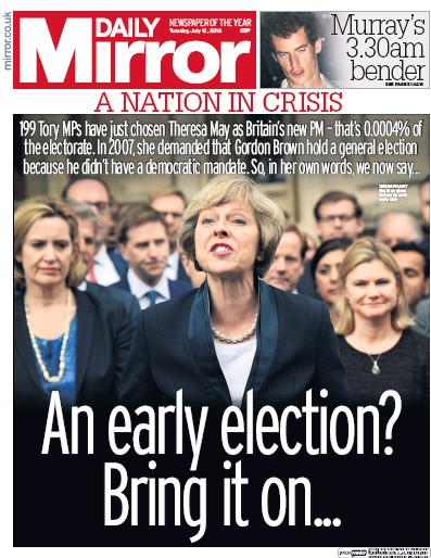 Daily Mirror Newspaper Front Page (UK) for 12 July 2016