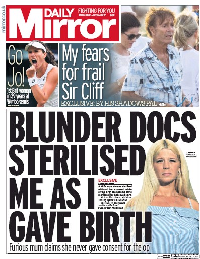 Daily Mirror Newspaper Front Page (UK) for 12 July 2017