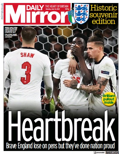 Daily Mirror Newspaper Front Page (UK) for 12 July 2021