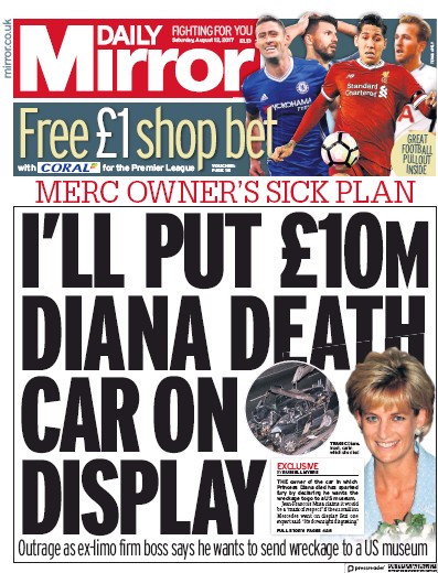 Daily Mirror Newspaper Front Page (UK) for 12 August 2017