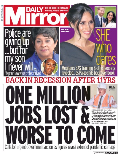 Daily Mirror Newspaper Front Page (UK) for 12 August 2020
