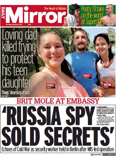 Daily Mirror Newspaper Front Page (UK) for 12 August 2021