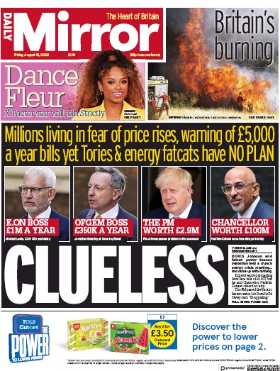 Daily Mirror Newspaper Front Page (UK) for 12 August 2022