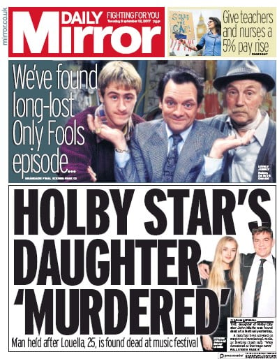 Daily Mirror Newspaper Front Page (UK) for 12 September 2017