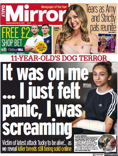 Daily Mirror Newspaper Front Page (UK) for 12 September 2023