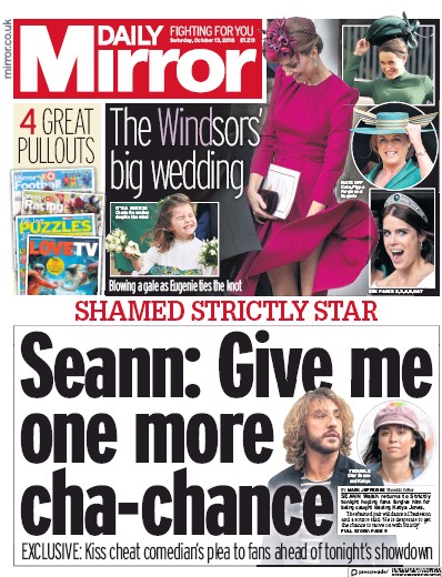 Daily Mirror Newspaper Front Page (UK) for 13 October 2018