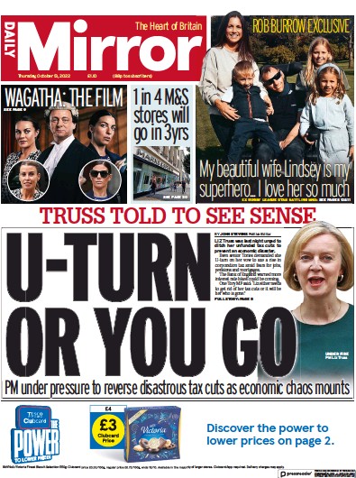 Daily Mirror Newspaper Front Page (UK) for 13 October 2022
