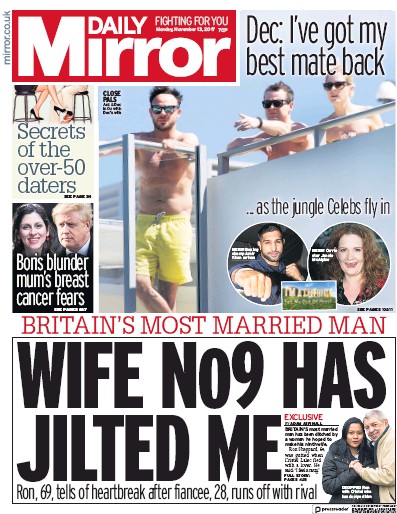 Daily Mirror Newspaper Front Page (UK) for 13 November 2017