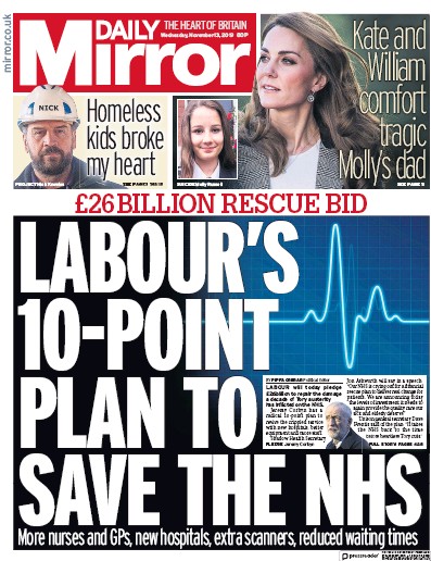 Daily Mirror Newspaper Front Page (UK) for 13 November 2019