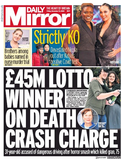 Daily Mirror Newspaper Front Page (UK) for 13 November 2020