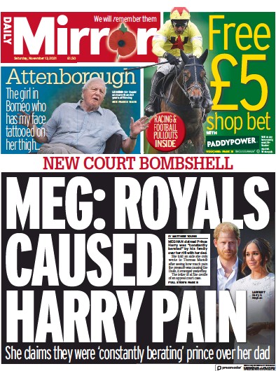 Daily Mirror Newspaper Front Page (UK) for 13 November 2021