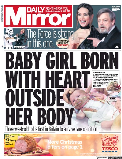 Daily Mirror Newspaper Front Page (UK) for 13 December 2017
