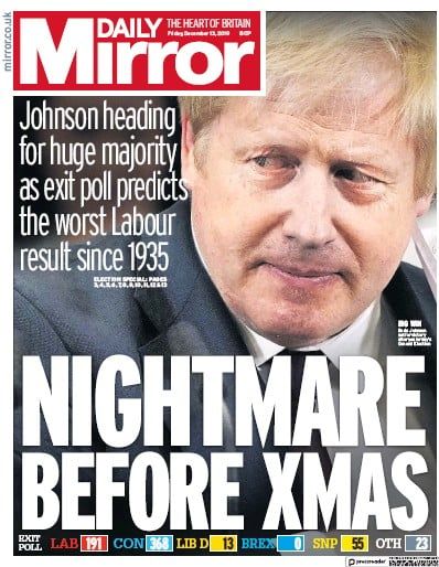Daily Mirror Newspaper Front Page (UK) for 13 December 2019